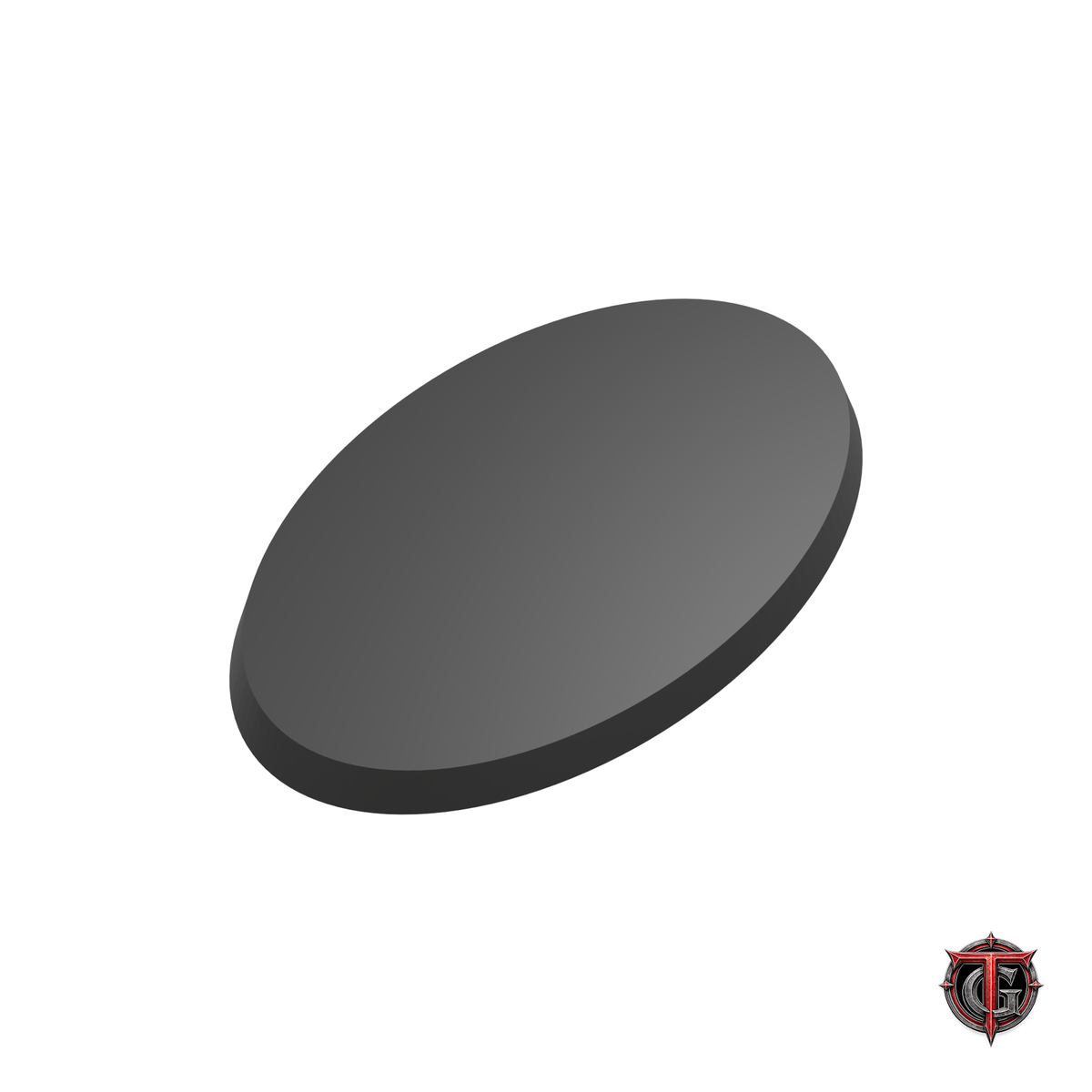 60 × 35 mm black beveled oval base, solid top facing up, with Terrain Genesis logo.