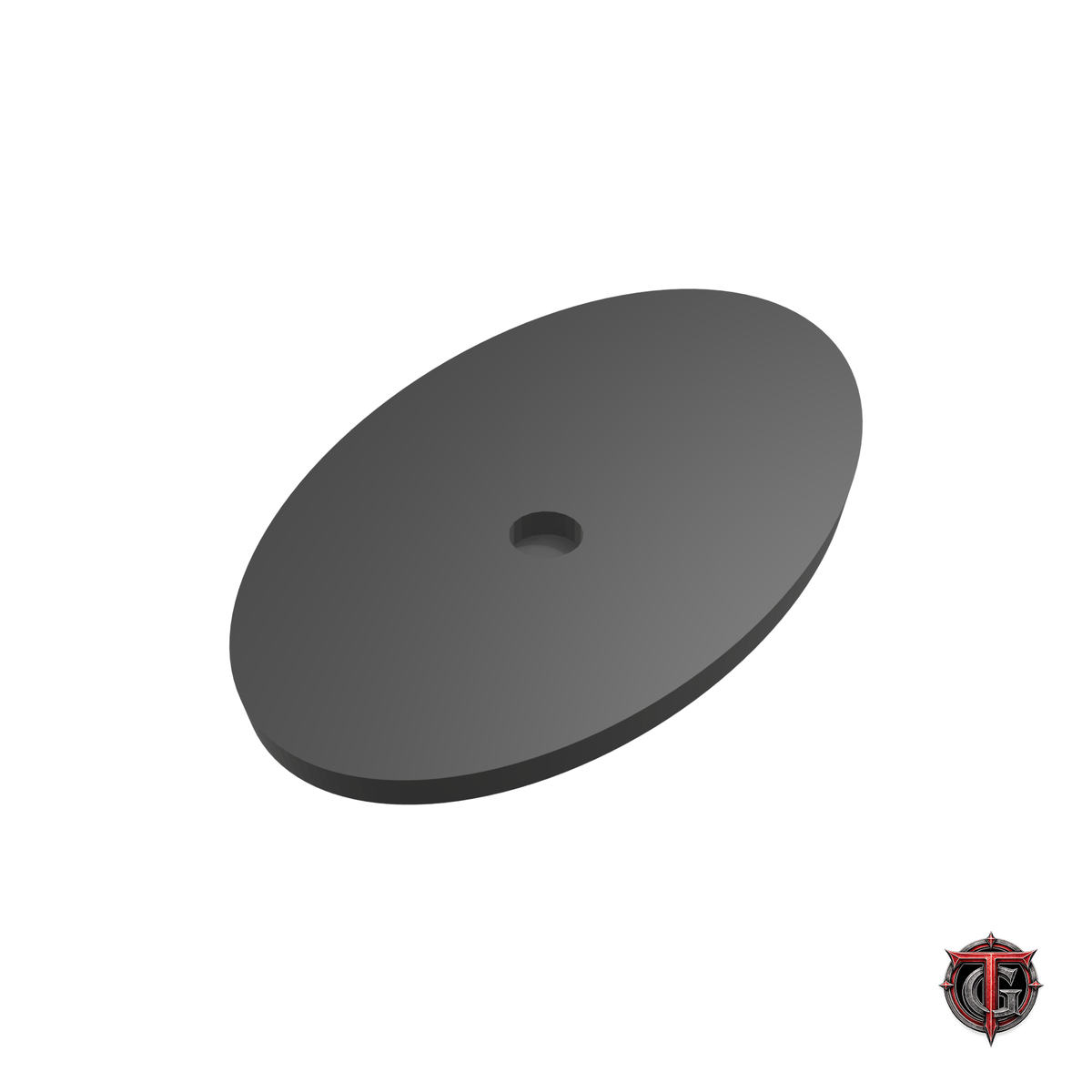 60 × 35 mm black beveled oval base, underside showing the centered magnet recess, with Terrain Genesis logo.
