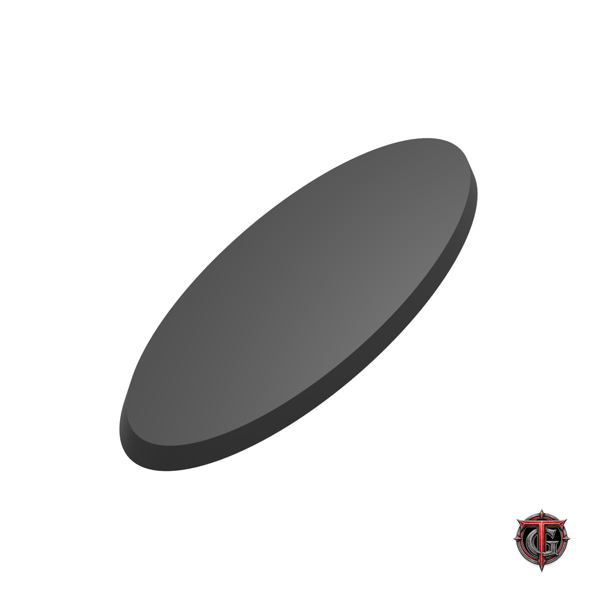 70 × 25 mm black beveled oval base, solid top facing up, with Terrain Genesis logo.