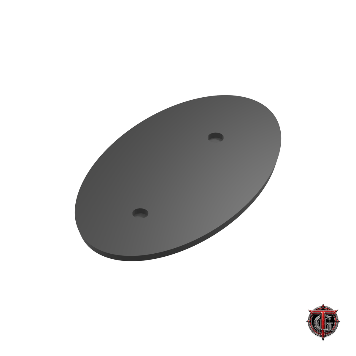 90 × 52 mm black beveled oval base, underside showing distributed magnet recesses, with Terrain Genesis logo.