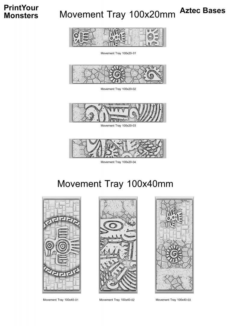 3D printed Aztec square movement trays in 100x20mm and 100x40mm, with stepped stonework and glyph borders
