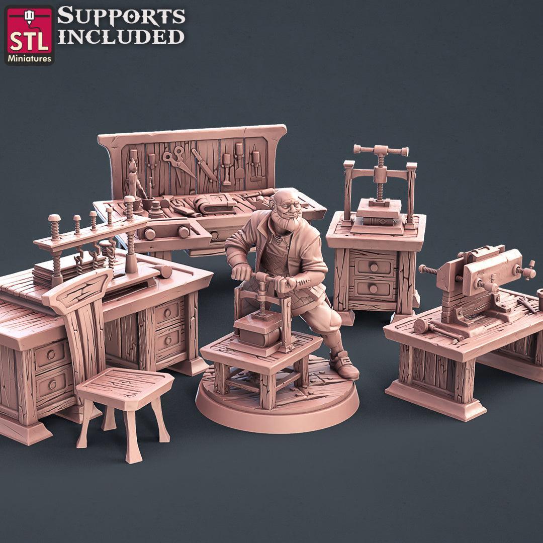 Bookbinder figure and workshop pieces