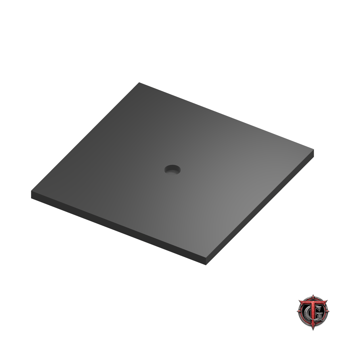 2.5-inch black square miniature base, underside showing magnet recesses, on white with Terrain Genesis logo.