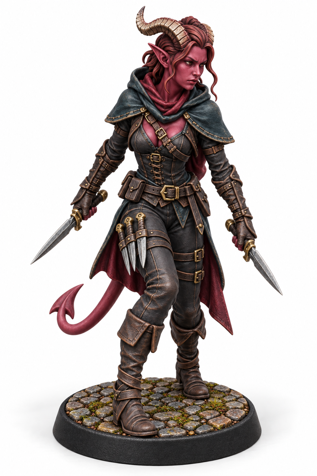 Nyxara Veyl - Female Tiefling Rogue painted presentation; supplied unpainted.