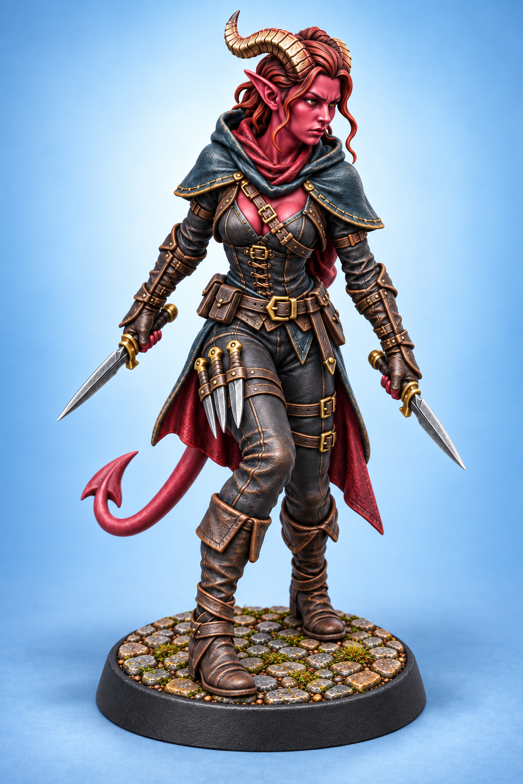 Nyxara Veyl - Female Tiefling Rogue painted presentation; supplied unpainted.