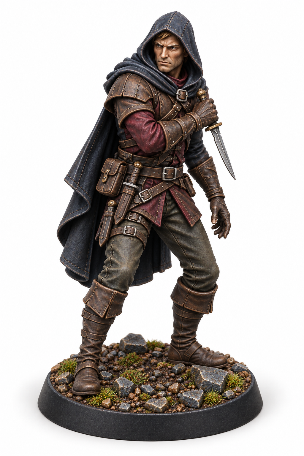 Corvin Blackstep - Male Human Rogue Assassin painted presentation; supplied unpainted.