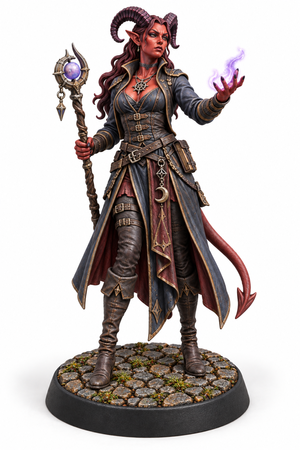 Vespera Ashthorn - Female Tiefling Warlock painted presentation; supplied unpainted.