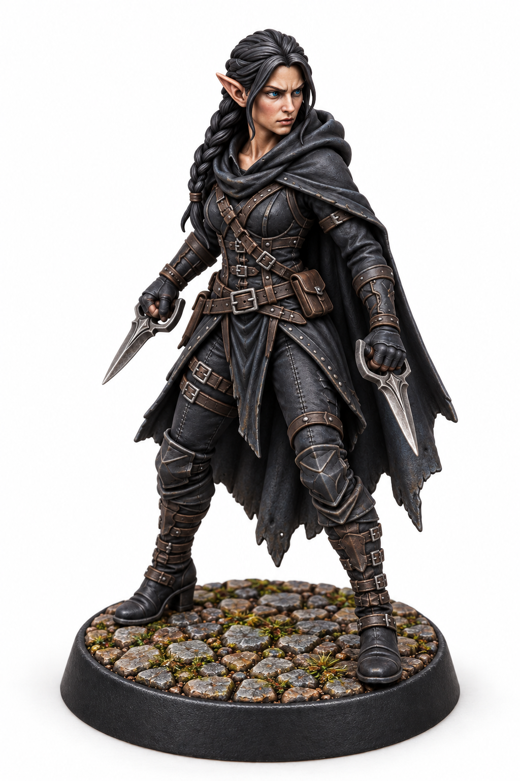 Lyra Voss - Female Half-Elf Assassin painted presentation; supplied unpainted.