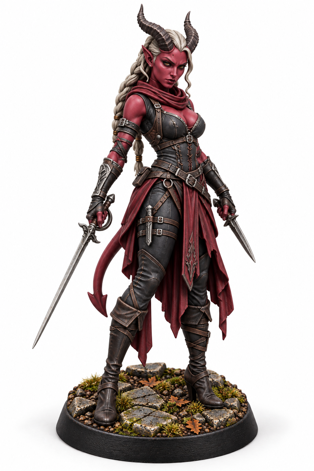 Nyxara Vane - Female Tiefling Assassin painted presentation; supplied unpainted.