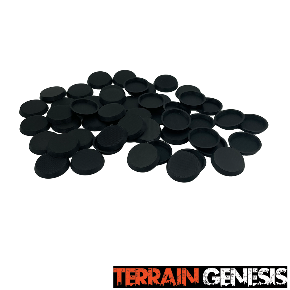 Underside of a Terrain Genesis 28.5mm beveled round base showing the printed magnet hole
