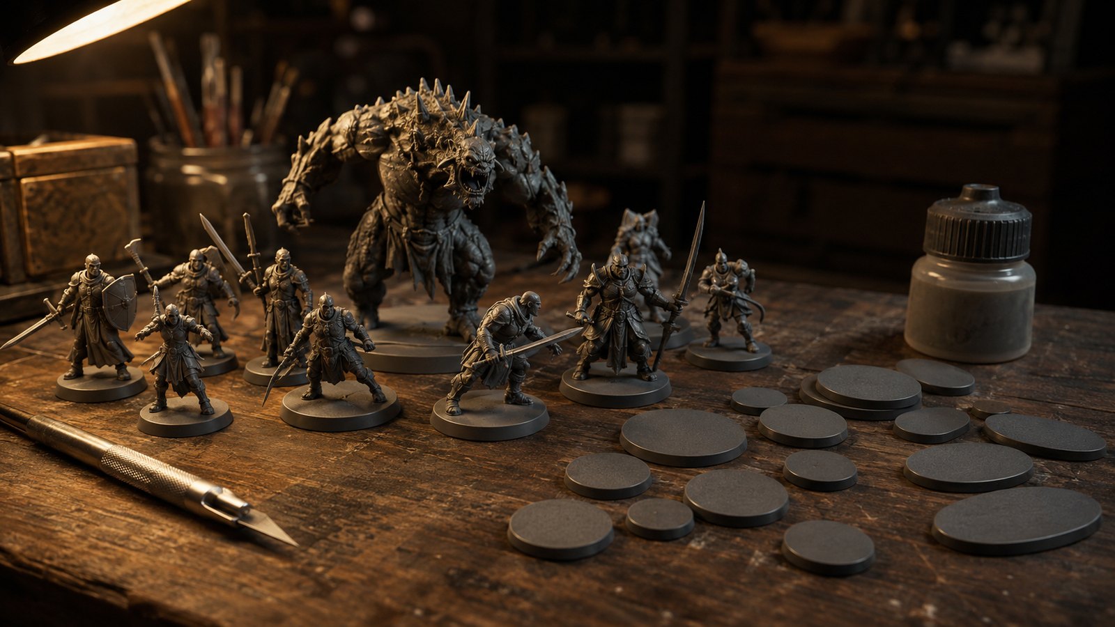 A range of empty round and oval miniature bases in different sizes on a workbench, beside unpainted fantasy models and a monster on a large round base