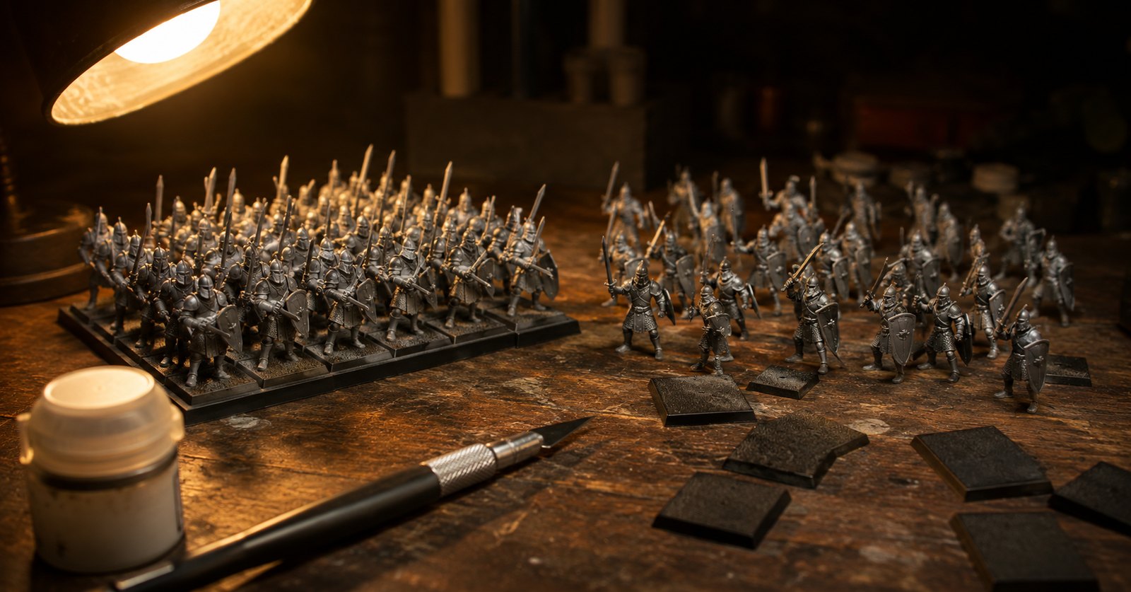 A ranked regiment of unpainted fantasy soldiers on square bases beside loose models waiting to be rebased, with empty square bases and a hobby knife on a workbench