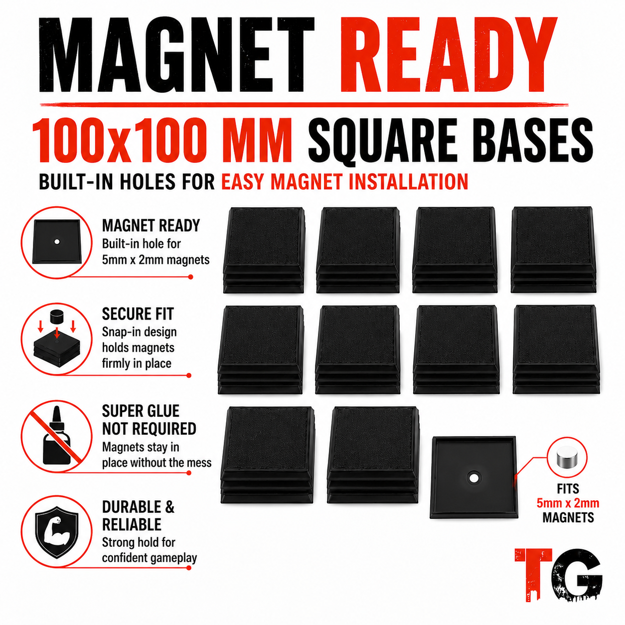 100mm square base with three magnet holes printed into it, no glue required