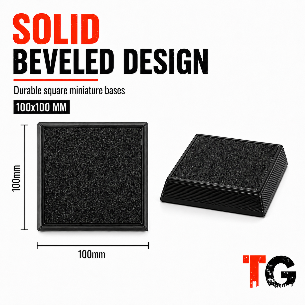 Close-up of a 100mm beveled square base showing its solid 4mm-thick construction