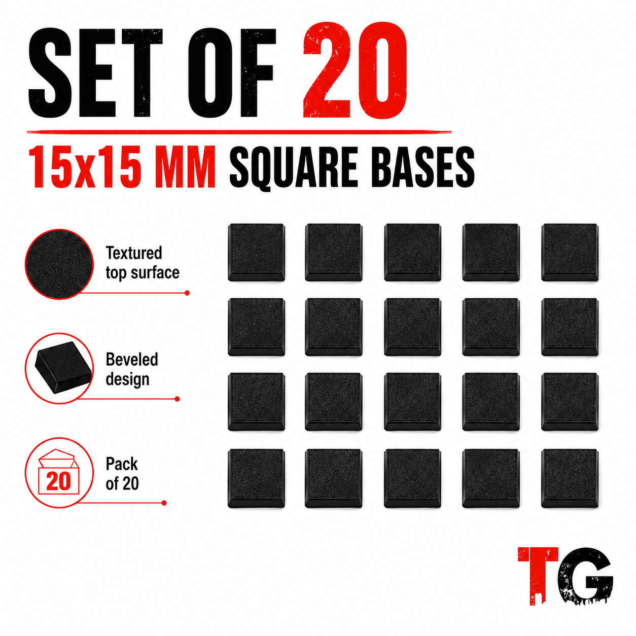 Set of twenty 15mm beveled square miniature bases