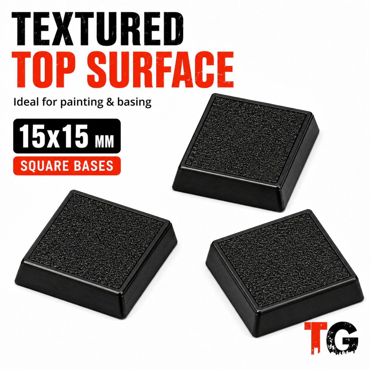 Textured top surface of a 15mm square base, ready for glue, sand and flock