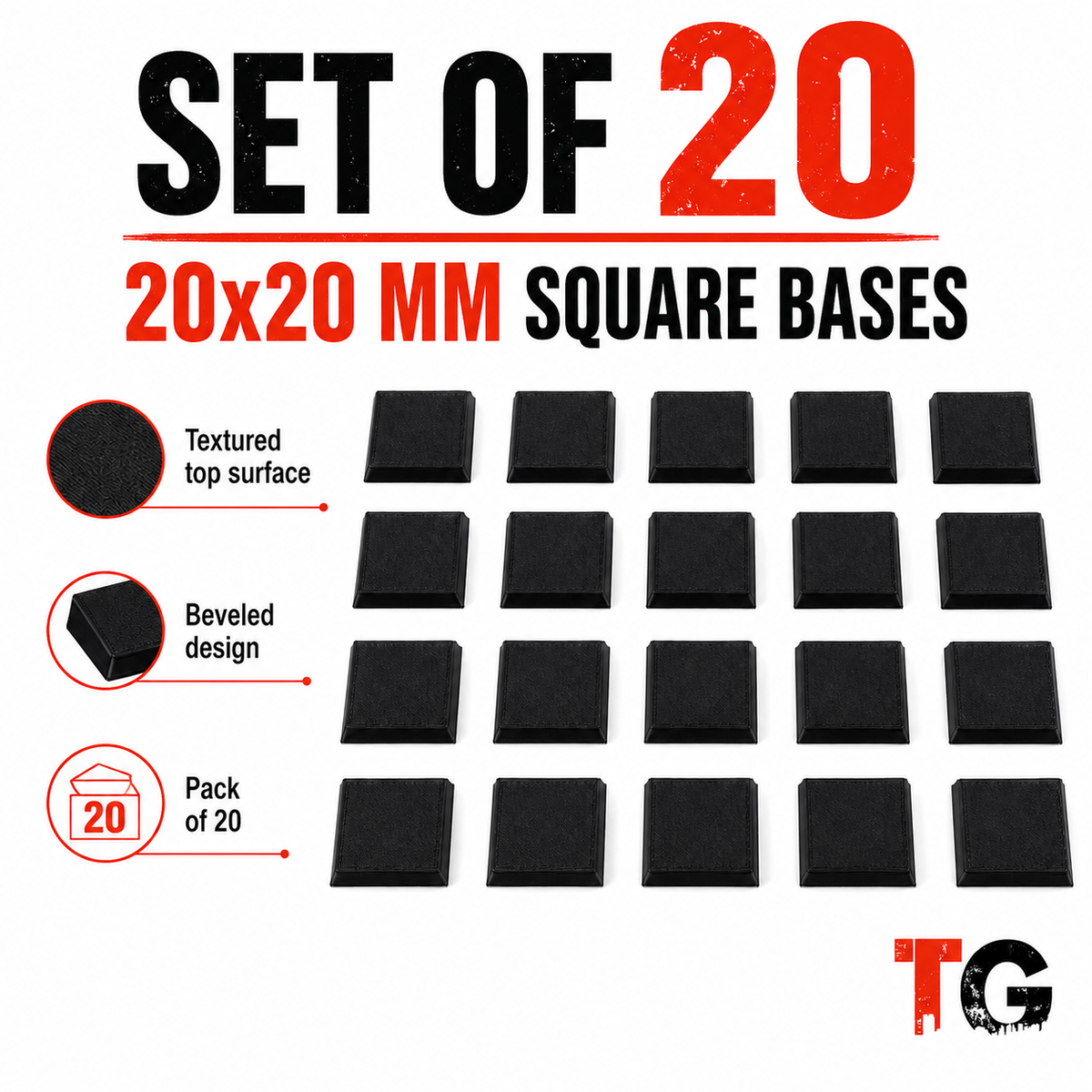 Set of twenty 20mm beveled square miniature bases arranged in a grid