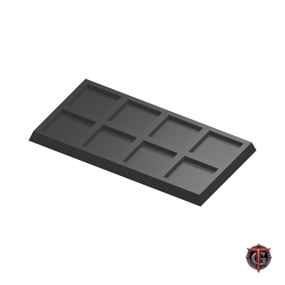 20mm to 25mm Square Base 4x2 Movement Tray Converter in black, model recesses facing up, on a white background with Terrain Genesis logo.