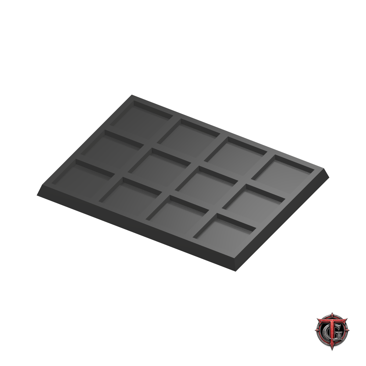 20mm to 25mm Square Base 4x3 Movement Tray Converter in black, model recesses facing up, on a white background with Terrain Genesis logo.