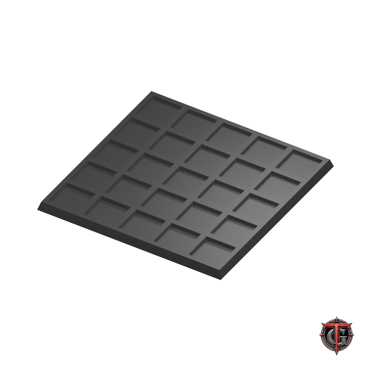 20mm to 25mm Square Base 5x5 Movement Tray Converter in black, model recesses facing up, on a white background with Terrain Genesis logo.