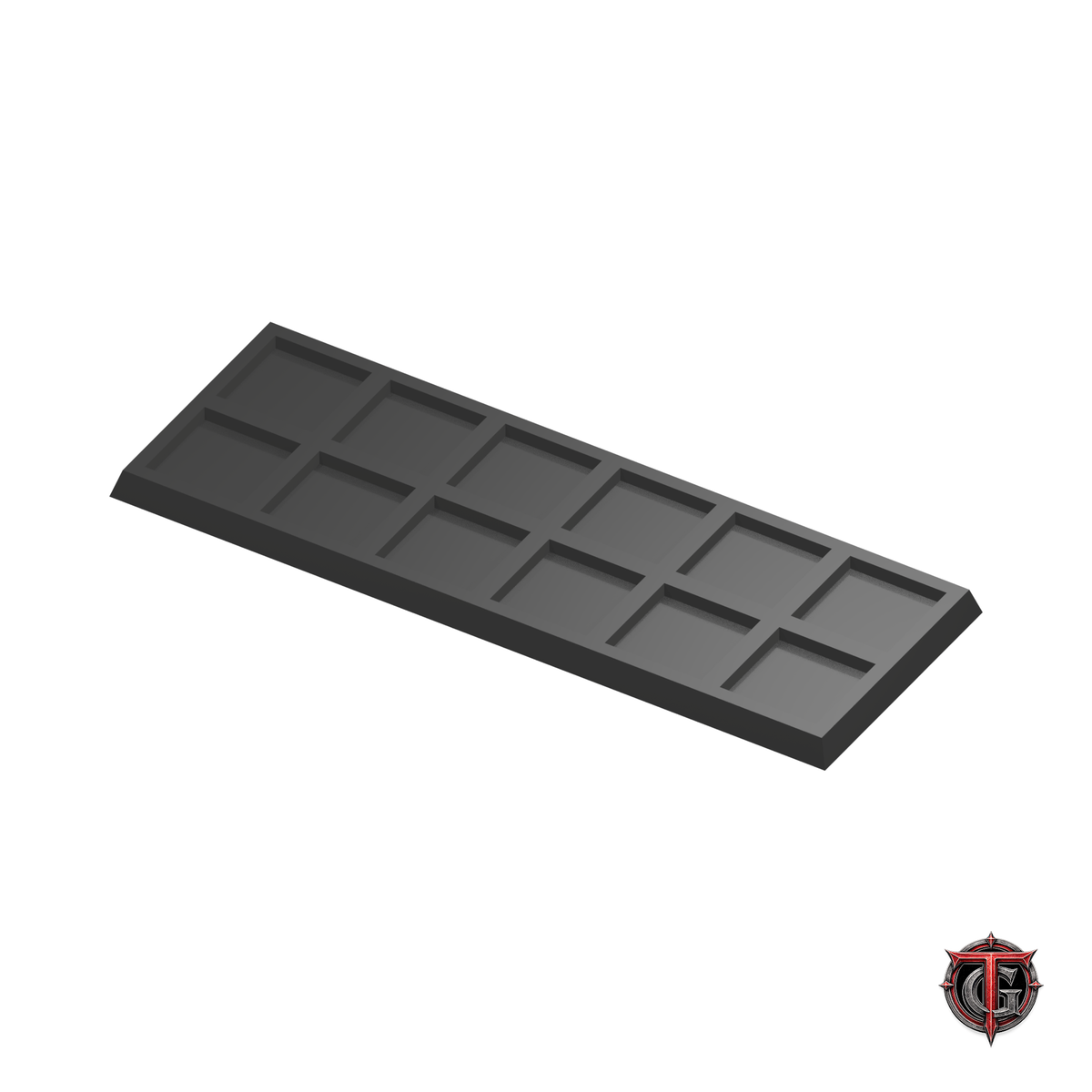20mm to 25mm Square Base 6x2 Movement Tray Converter in black, model recesses facing up, on a white background with Terrain Genesis logo.