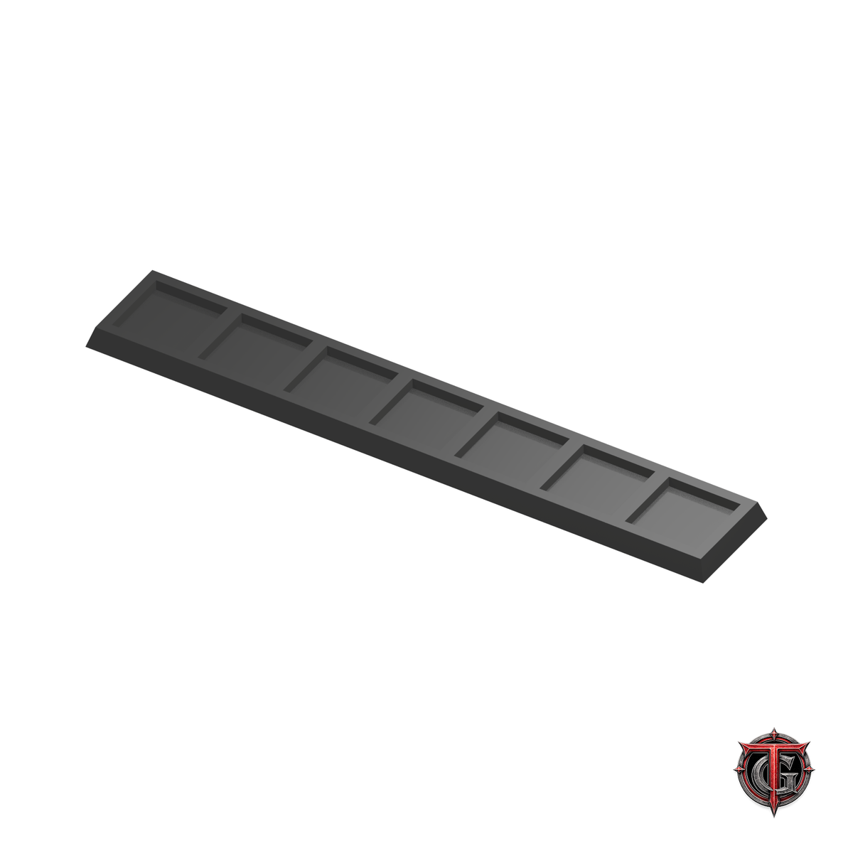20mm to 25mm Square Base 7x1 Movement Tray Converter in black, model recesses facing up, on a white background with Terrain Genesis logo.