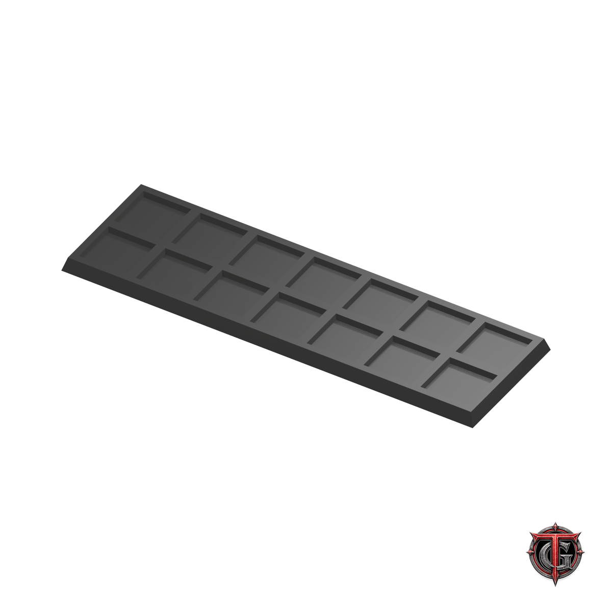 20mm to 25mm Square Base 7x2 Movement Tray Converter in black, model recesses facing up, on a white background with Terrain Genesis logo.