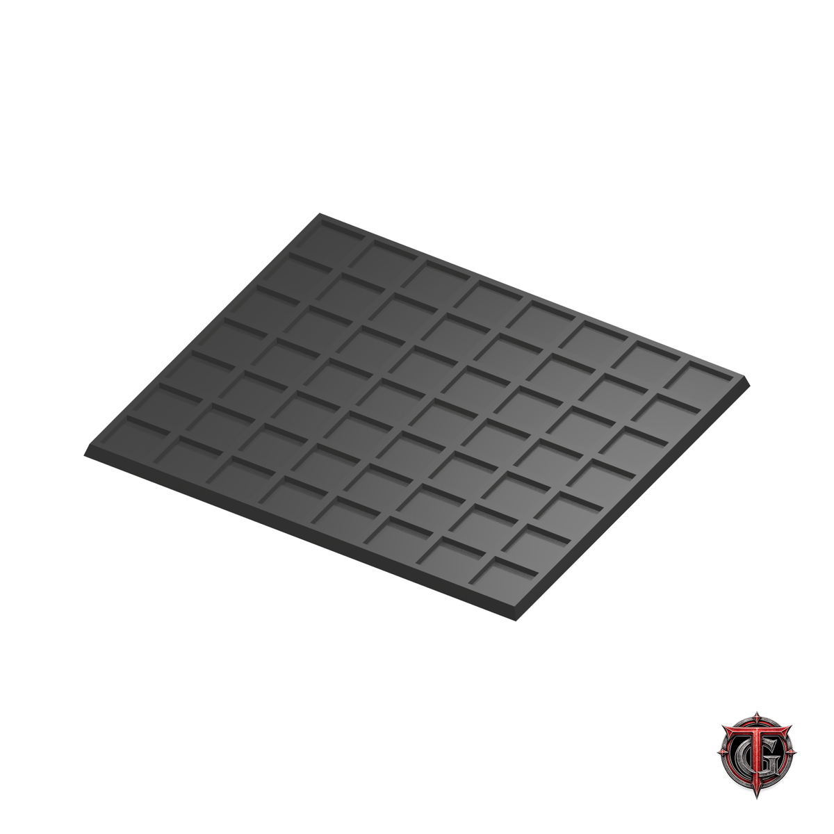 20mm to 25mm Square Base 8x7 Movement Tray Converter in black, model recesses facing up, on a white background with Terrain Genesis logo.
