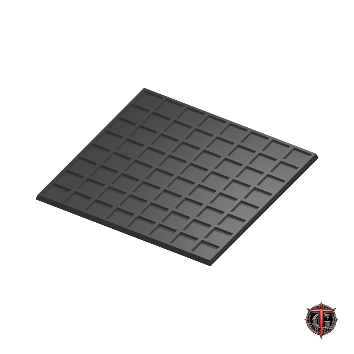 20mm to 25mm Square Base 8x8 Movement Tray Converter in black, model recesses facing up, on a white background with Terrain Genesis logo.