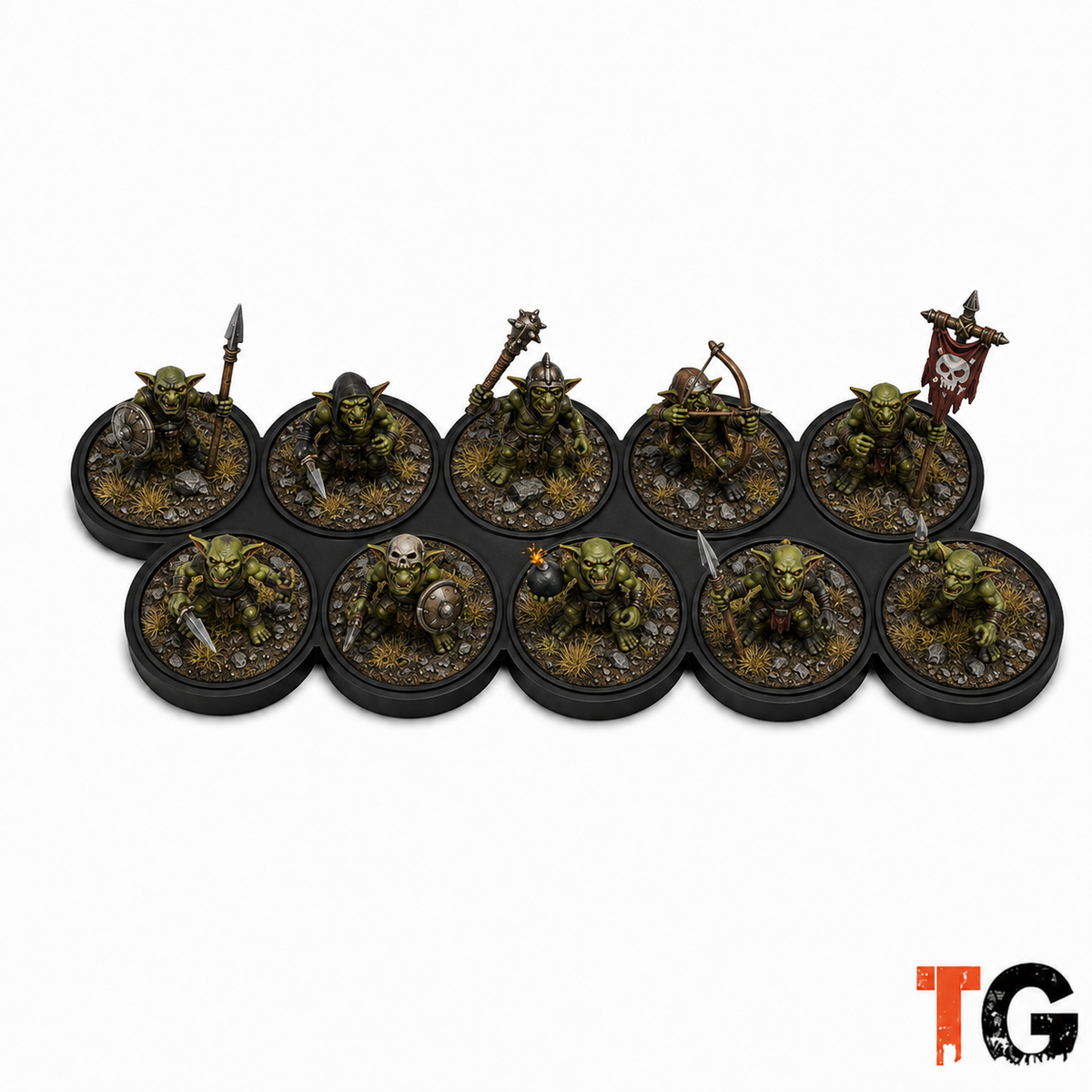 Ten painted goblin miniatures ranked up on a 25mm two-row straight movement tray