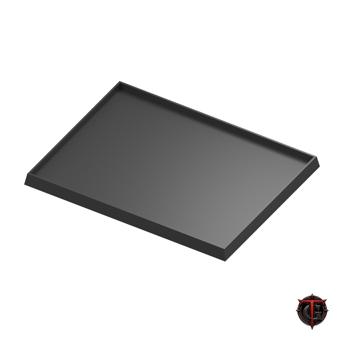 Black 25mm square-base movement tray in a 4x3 formation on white, with Terrain Genesis logo.