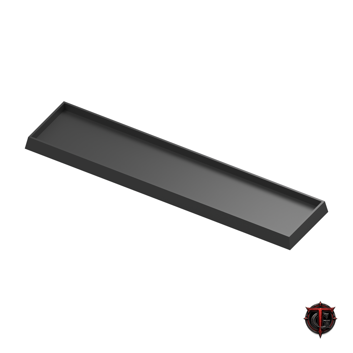 Black 25mm square-base movement tray in a 5x1 formation on white, with Terrain Genesis logo.