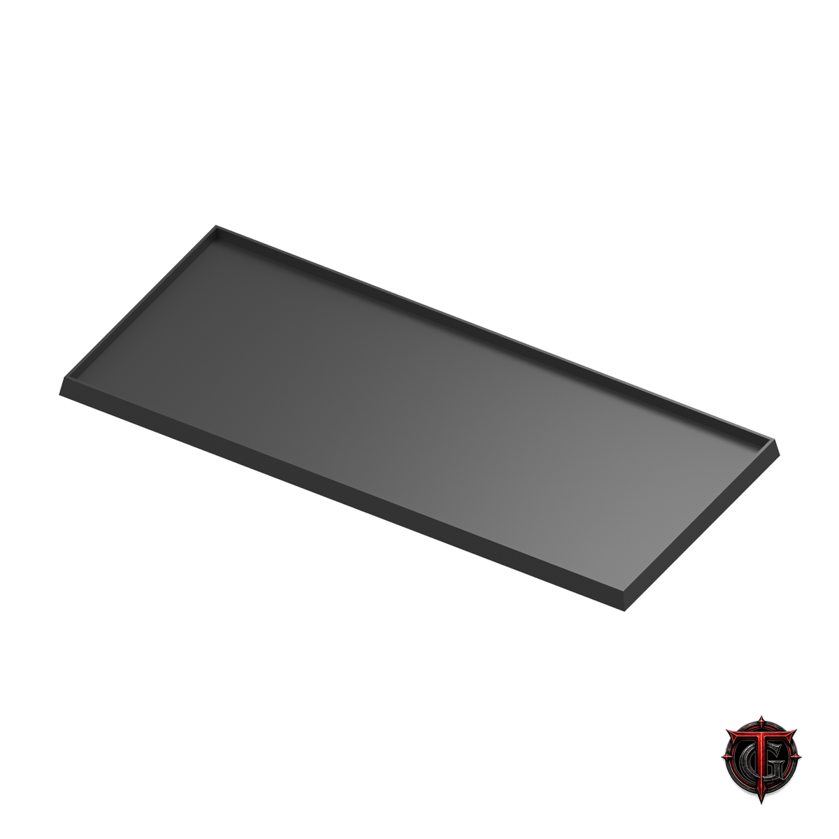 Black 25mm square-base movement tray in a 7x3 formation on white, with Terrain Genesis logo.