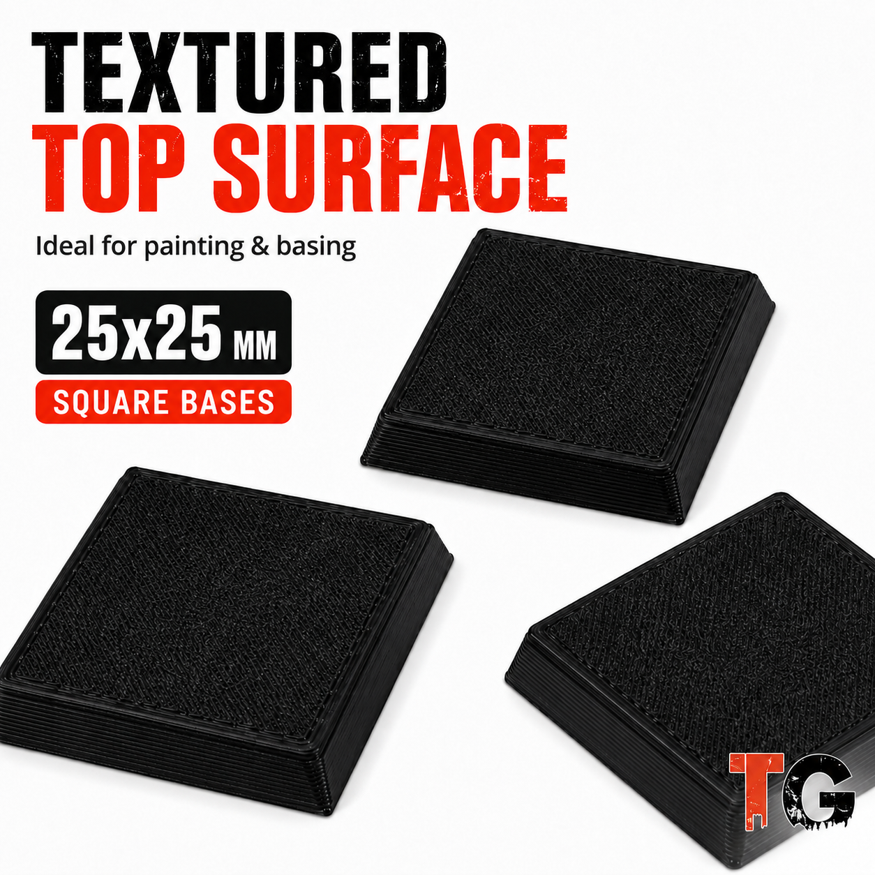 Textured top surface of a 25mm square base, ready for glue, sand and flock