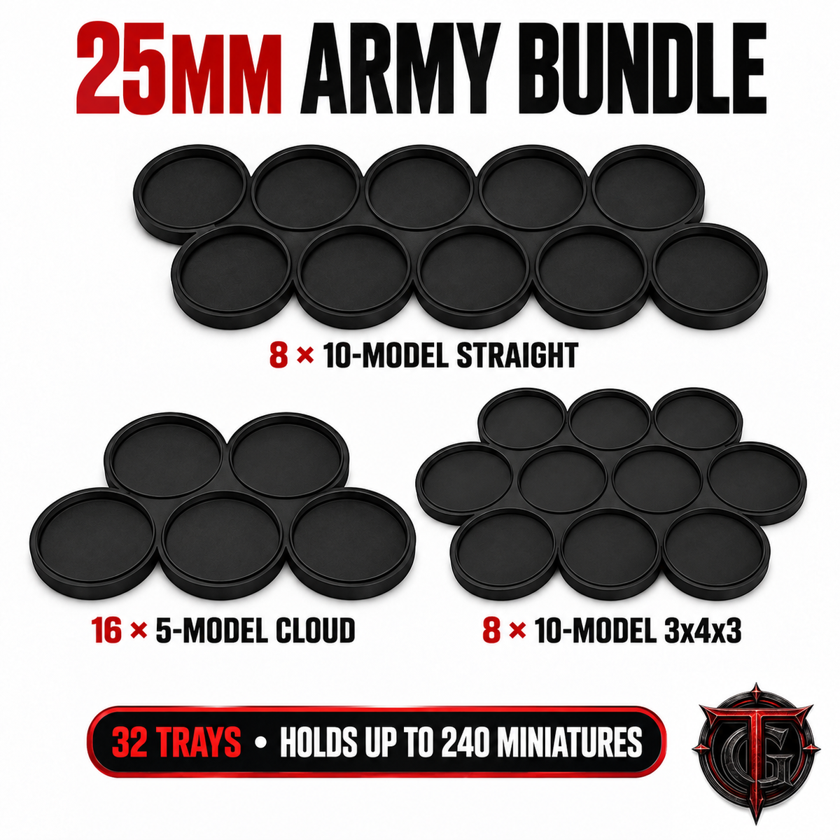 25mm Army Bundle with 32 movement trays in three formations, holding up to 240 miniatures