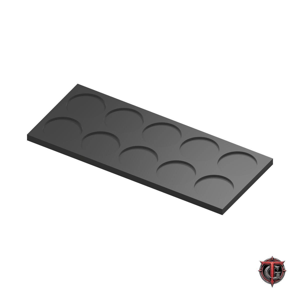 Black 25mm Rectangle 10-Model Movement Tray with ten evenly positioned round recesses on a white background and Terrain Genesis logo.
