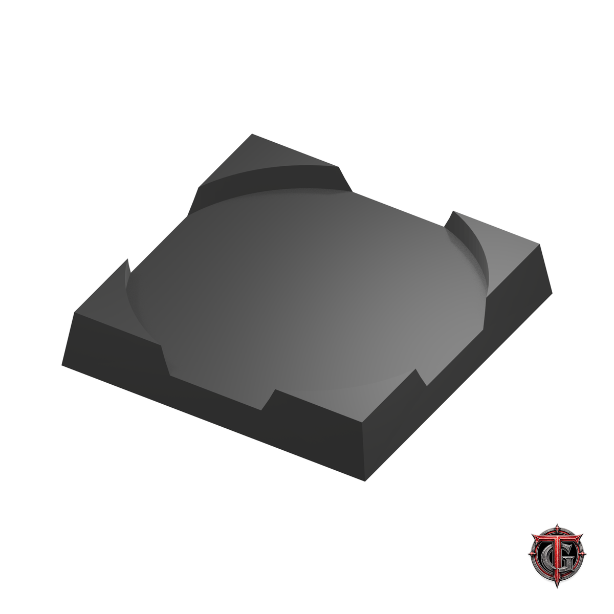 25mm Round to 25mm Square Base 1x1 Movement Tray Converter in black, model recesses facing up, on a white background with Terrain Genesis logo.