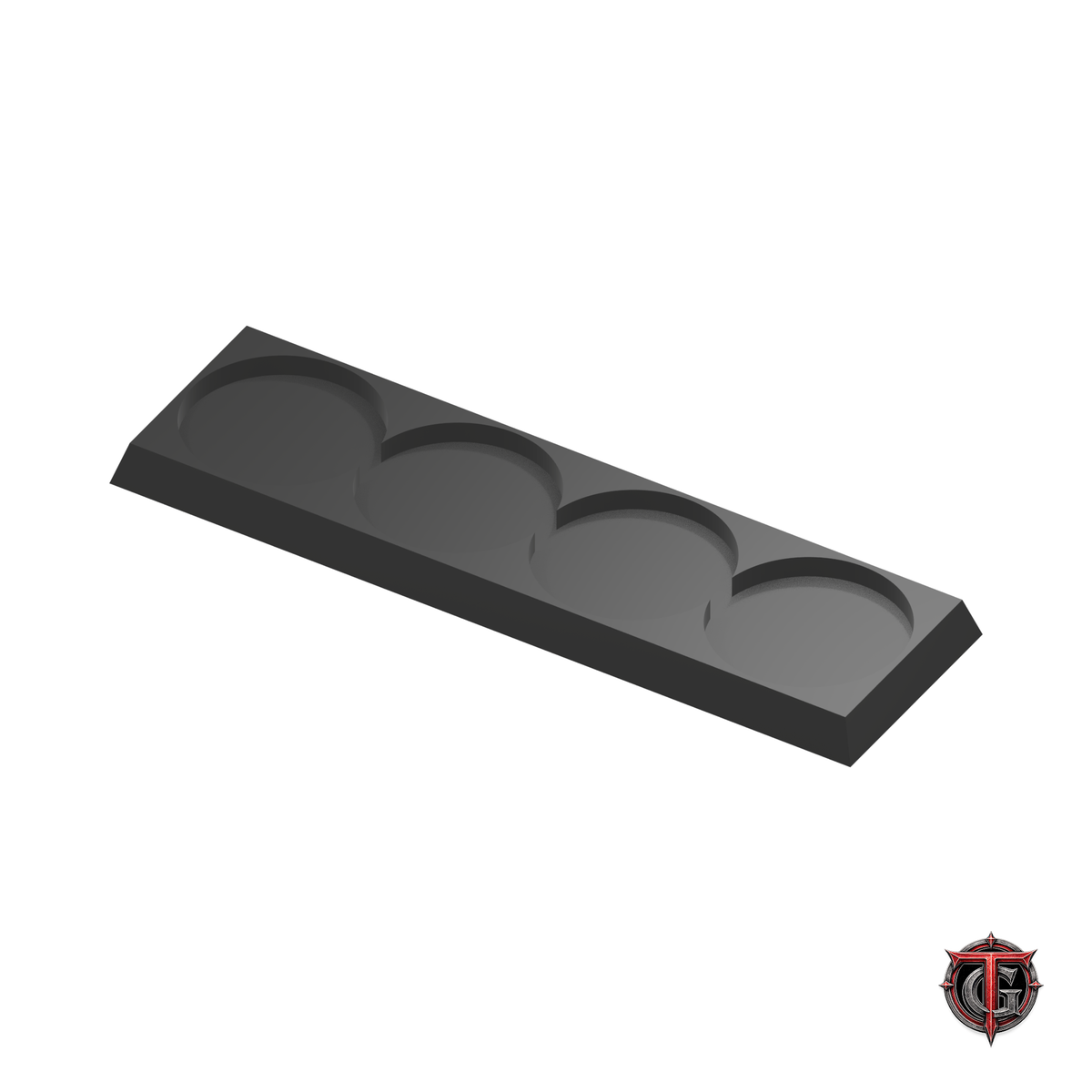 25mm Round to 25mm Square Base 4x1 Movement Tray Converter in black, model recesses facing up, on a white background with Terrain Genesis logo.