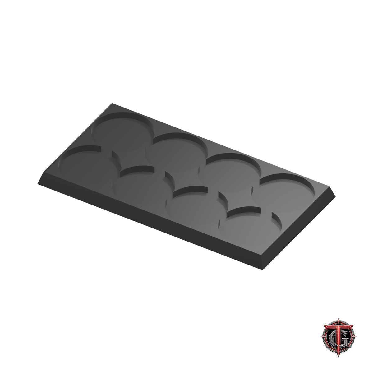 25mm Round to 25mm Square Base 4x2 Movement Tray Converter in black, model recesses facing up, on a white background with Terrain Genesis logo.