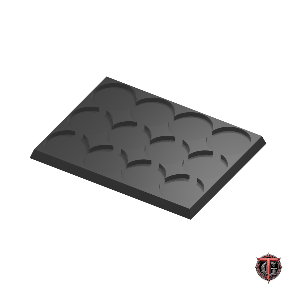 25mm Round to 25mm Square Base 4x3 Movement Tray Converter in black, model recesses facing up, on a white background with Terrain Genesis logo.