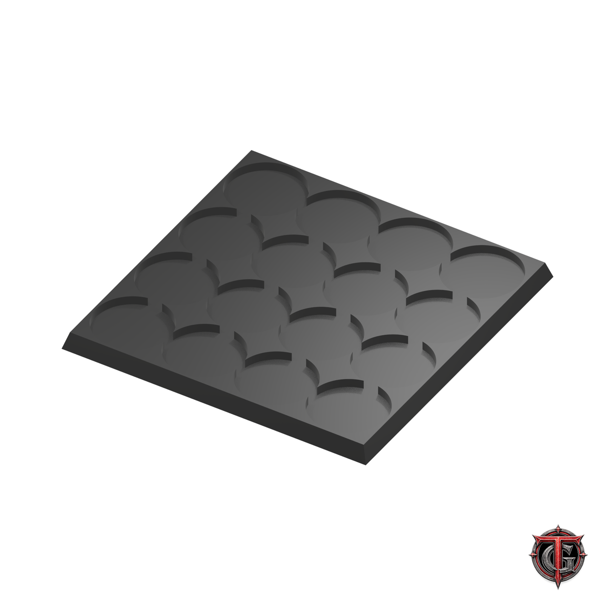 25mm Round to 25mm Square Base 4x4 Movement Tray Converter in black, model recesses facing up, on a white background with Terrain Genesis logo.