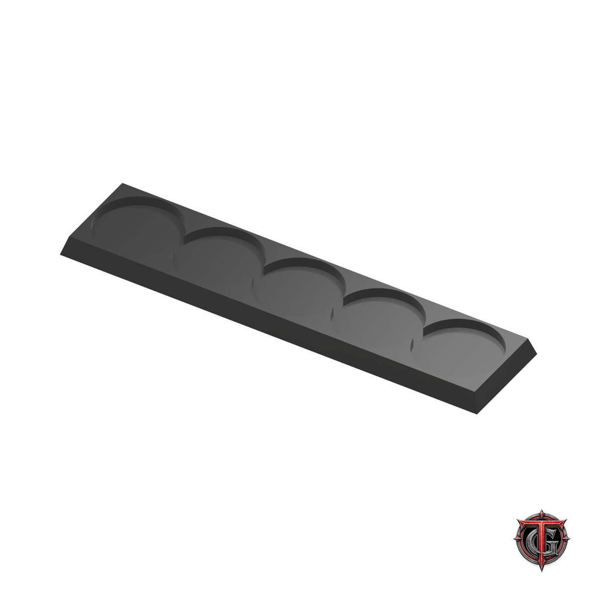 25mm Round to 25mm Square Base 5x1 Movement Tray Converter in black, model recesses facing up, on a white background with Terrain Genesis logo.