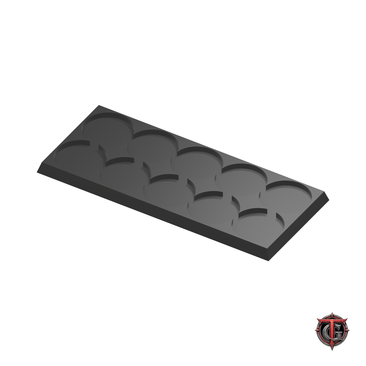 25mm Round to 25mm Square Base 5x2 Movement Tray Converter in black, model recesses facing up, on a white background with Terrain Genesis logo.
