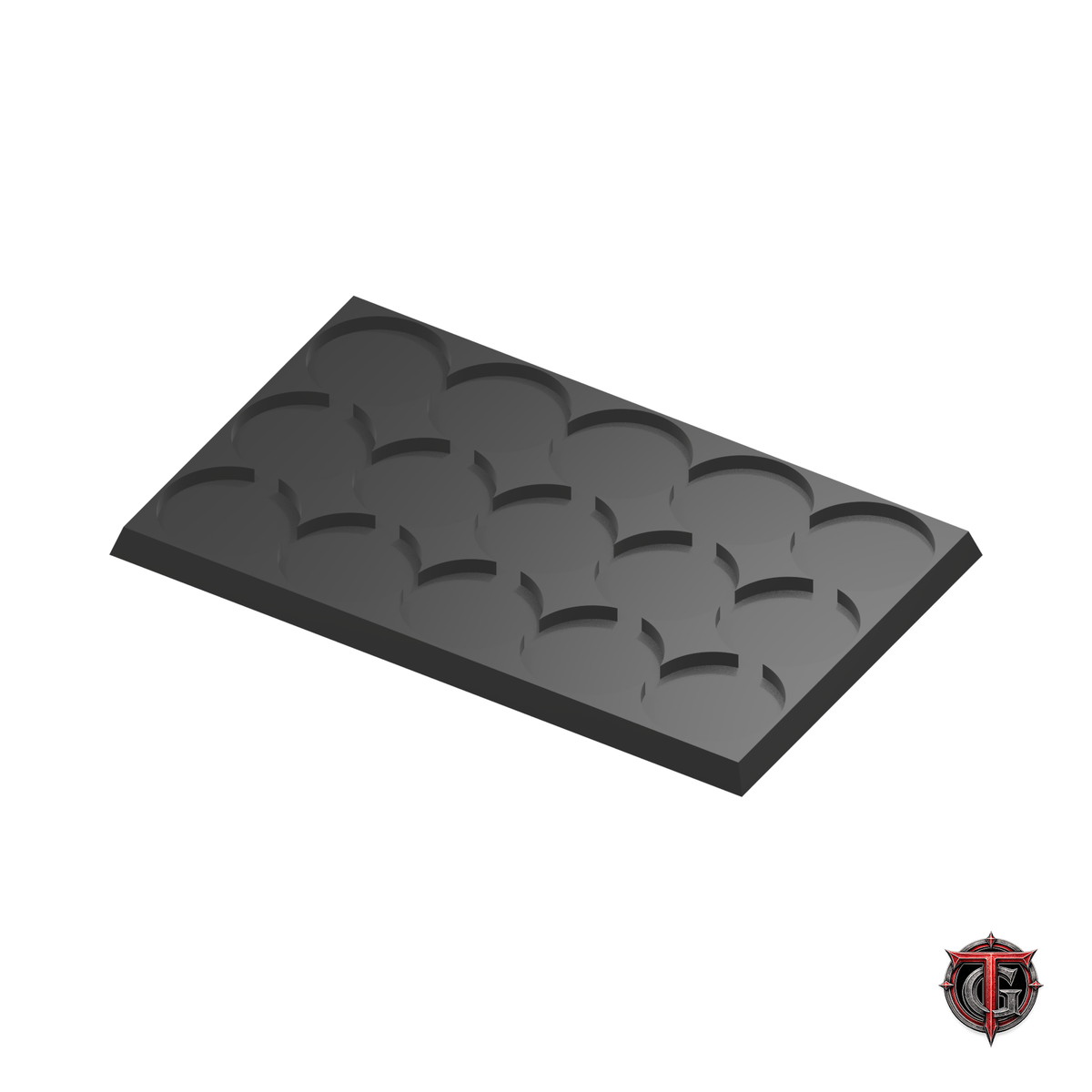25mm Round to 25mm Square Base 5x3 Movement Tray Converter in black, model recesses facing up, on a white background with Terrain Genesis logo.