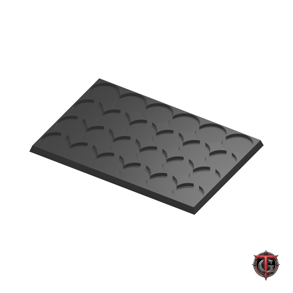 25mm Round to 25mm Square Base 6x4 Movement Tray Converter in black, model recesses facing up, on a white background with Terrain Genesis logo.