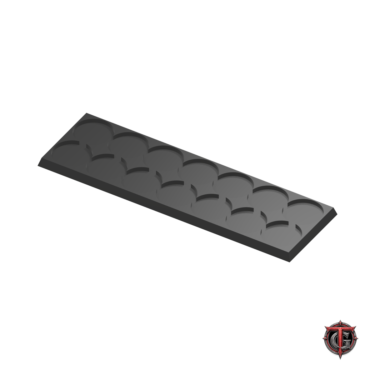 25mm Round to 25mm Square Base 7x2 Movement Tray Converter in black, model recesses facing up, on a white background with Terrain Genesis logo.