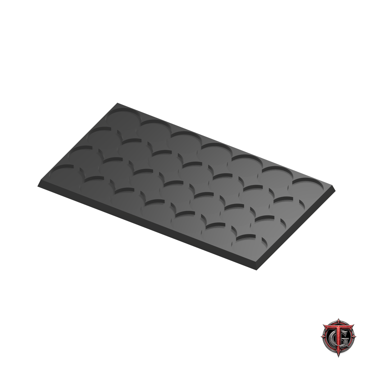 25mm Round to 25mm Square Base 7x4 Movement Tray Converter in black, model recesses facing up, on a white background with Terrain Genesis logo.