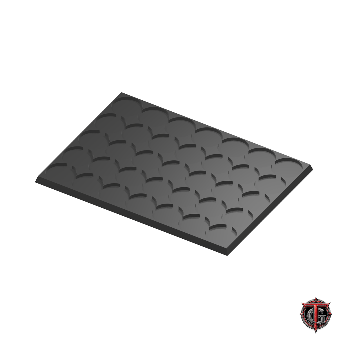 25mm Round to 25mm Square Base 7x5 Movement Tray Converter in black, model recesses facing up, on a white background with Terrain Genesis logo.