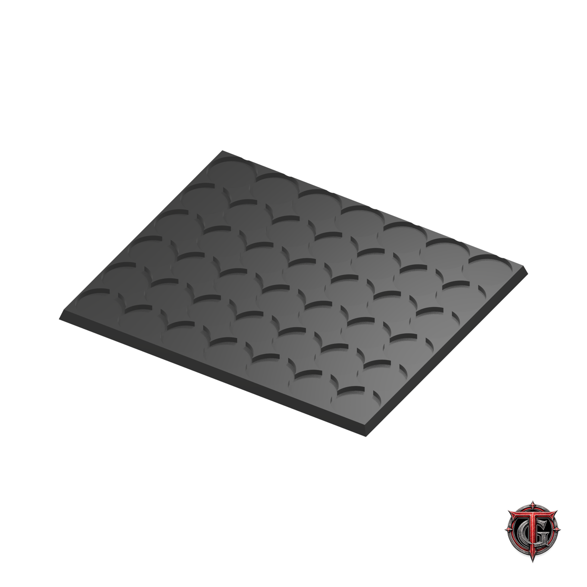 25mm Round to 25mm Square Base 7x6 Movement Tray Converter in black, model recesses facing up, on a white background with Terrain Genesis logo.