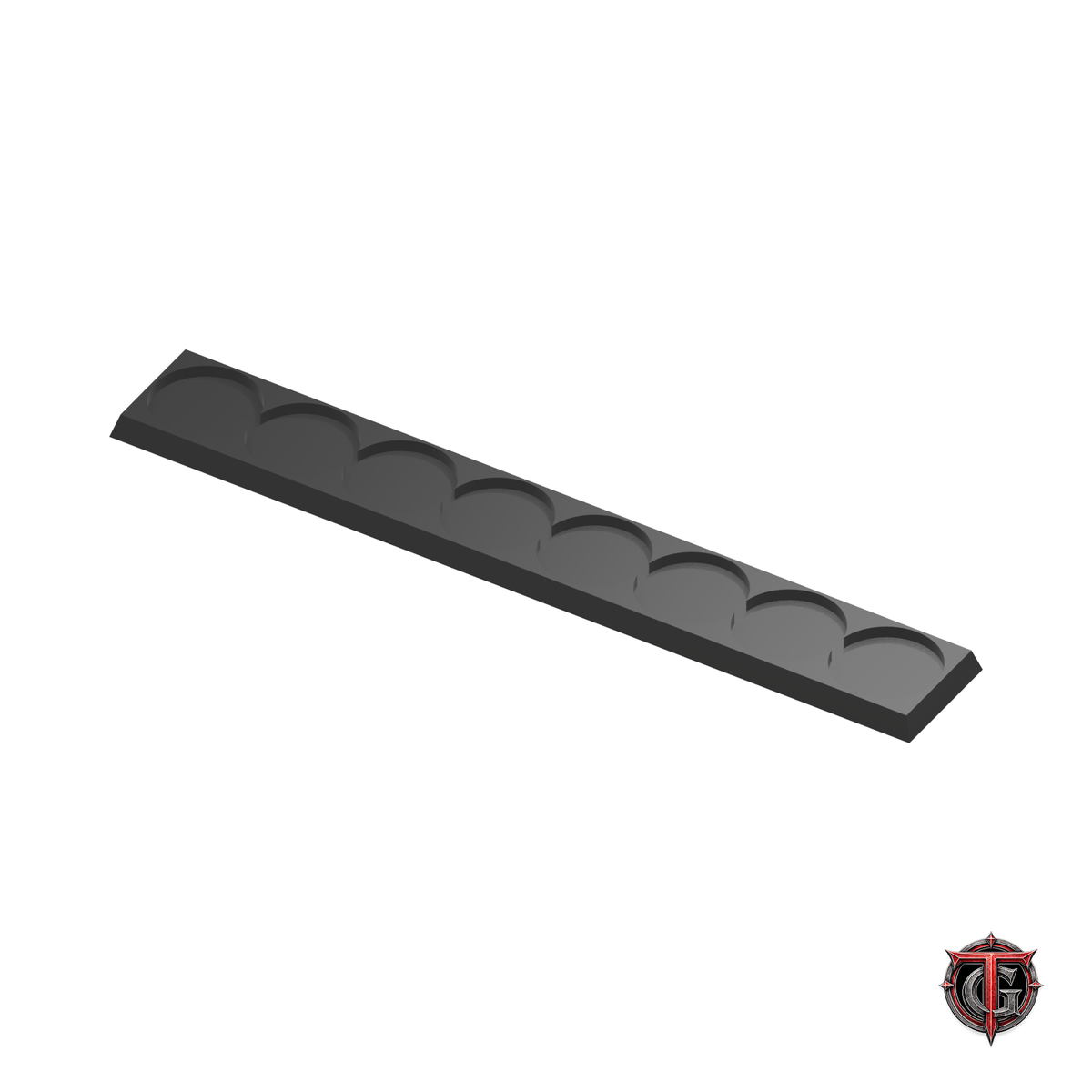 25mm Round to 25mm Square Base 8x1 Movement Tray Converter in black, model recesses facing up, on a white background with Terrain Genesis logo.